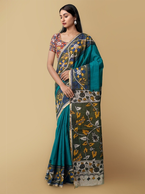 

Unnati Silks Blue & Green Kalamkari Pure Cotton Kanjeevaram Saree