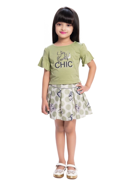 

Tiny Baby Girls Olive Green & Grey Printed T-shirt With Skirt