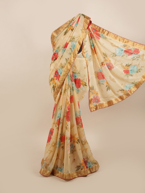 

Pothys Cream-Coloured & Red Floral Zari Saree