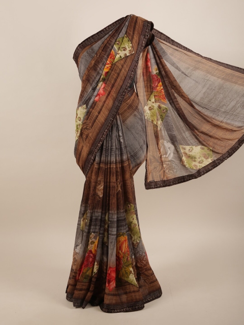 

Pothys Brown & Green Floral Beads and Stones Saree
