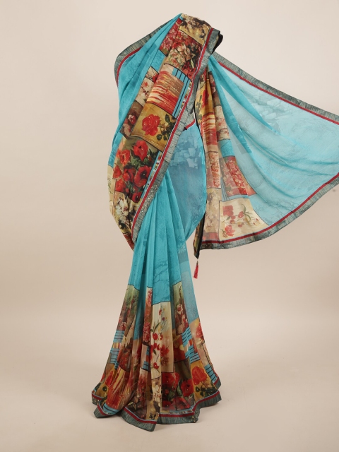 

Pothys Blue & Red Floral Beads and Stones Saree