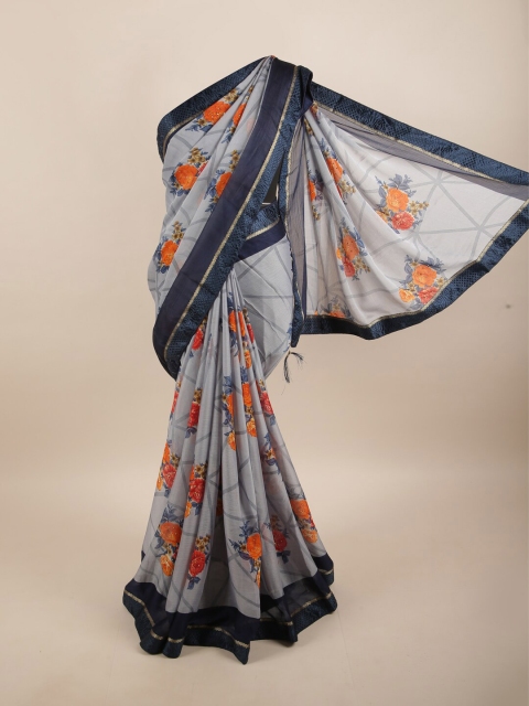 

Pothys Grey & Navy Blue Floral Beads and Stones Saree