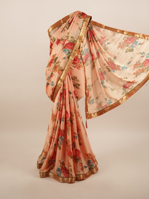 

Pothys Peach-Coloured & Green Floral Beads and Stones Saree