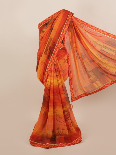 

Pothys Orange & Red Printed Poly Chiffon Saree