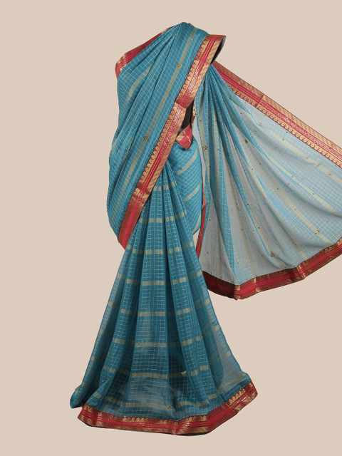 

Pothys Blue & Red Checked Beads and Stones Saree