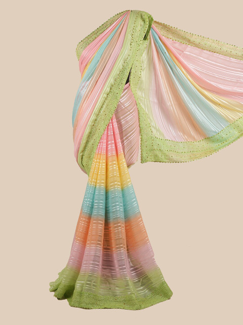 

Pothys Blue & Peach-Coloured Striped Beads and Stones Saree