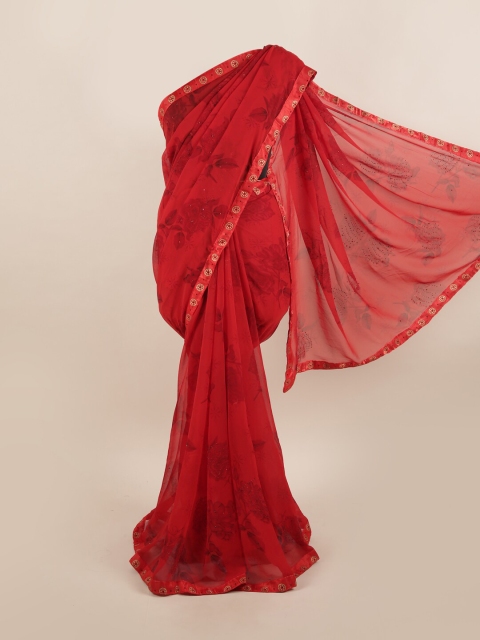 

Pothys Red & Gold-Toned Floral Beads and Stones Saree