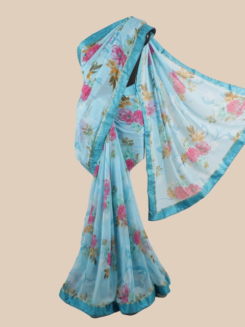 

Pothys Blue & Pink Floral Zari Saree