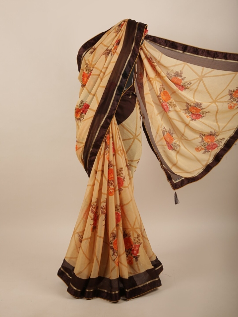 

Pothys Cream-Coloured & Brown Floral Beads and Stones Saree