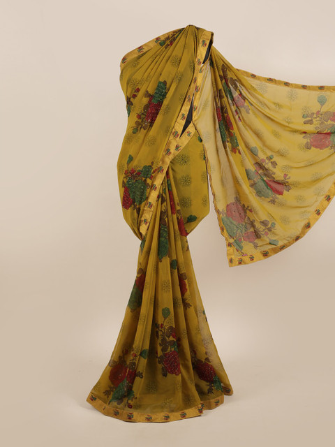 

Pothys Green & Yellow Floral Beads and Stones Saree
