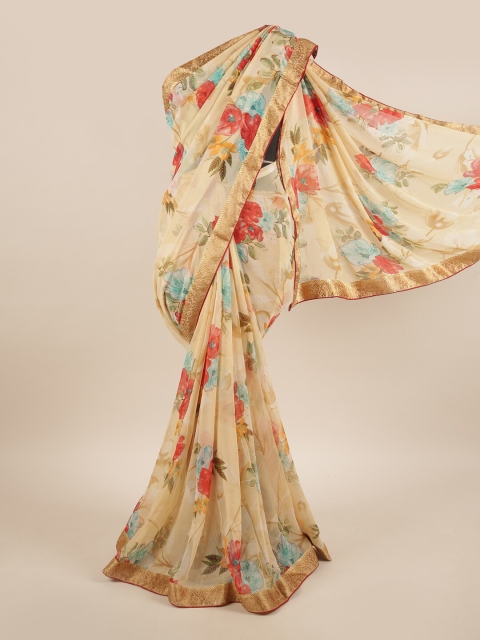 

Pothys Cream-Coloured & Red Floral Zari Saree