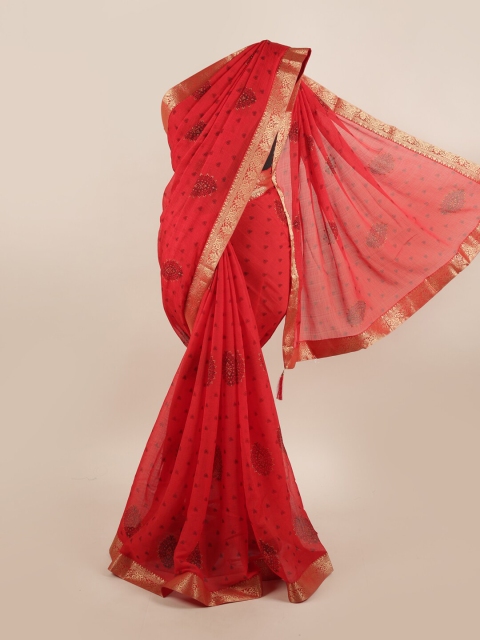 

Pothys Red & Gold-Toned Floral Zari Saree