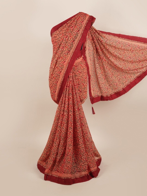 

Pothys Peach-Coloured & Maroon Ethnic Motifs Beads and Stones Saree