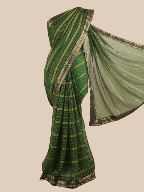 

Pothys Green & Gold-Toned Checked Beads and Stones Saree