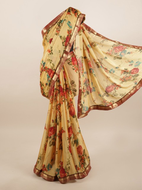 

Pothys Cream-Coloured & Red Floral Beads and Stones Saree