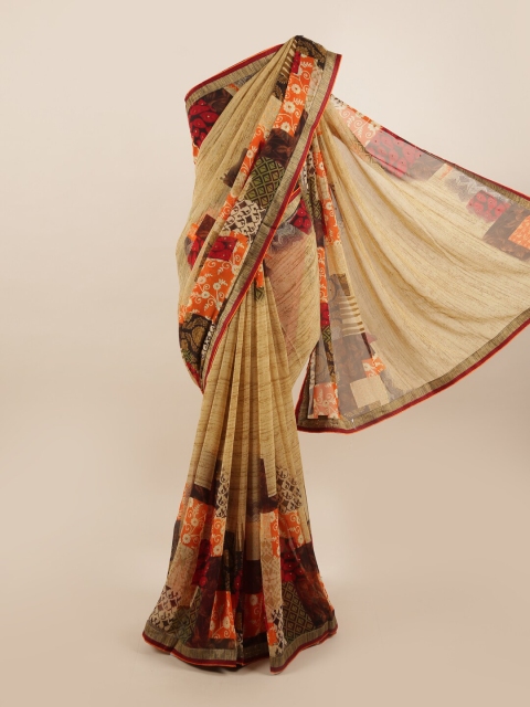 

Pothys Cream-Coloured & Brown Beads and Stones Saree