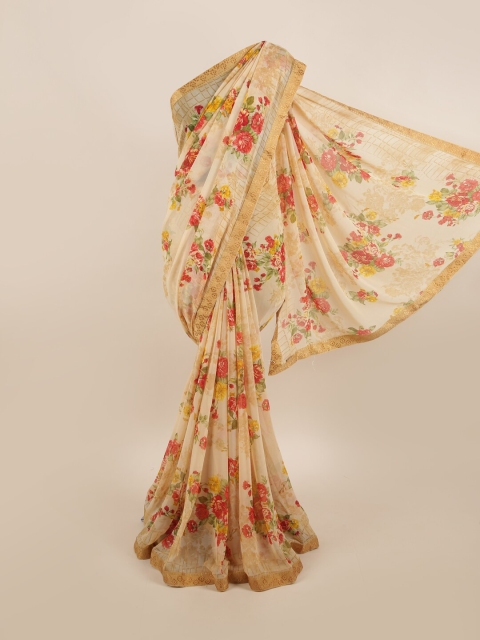 

Pothys Cream-Coloured & Red Floral Zari Saree