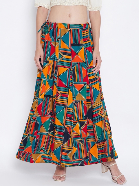 

Clora Creation Women Turquoise Blue & Orange Geometric Printed Flared Maxi Skirt