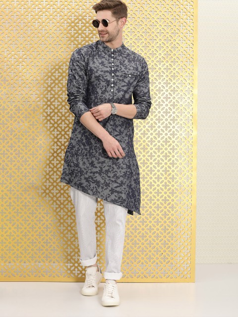 

Ode by House of Pataudi Men Blue Floral Printed Kurta