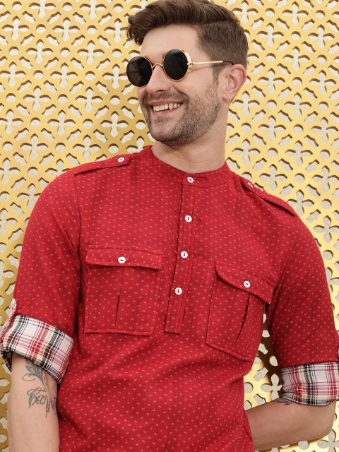 

Ode by House of Pataudi Men Red & Grey Printed Pure Cotton Kurta