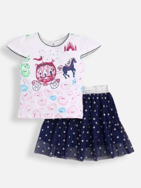 

TAMBOURINE Girls Off White & Navy Blue Printed T-shirt with Skirt