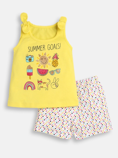 

TAMBOURINE Girls Yellow & White Printed Pure Cotton Top with Shorts