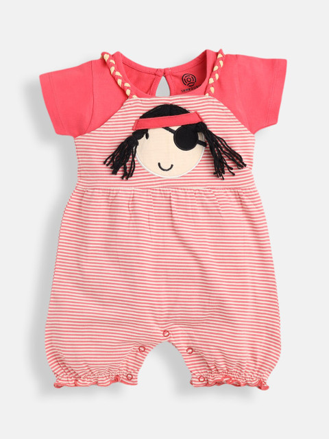 

TAMBOURINE Infant Girls Coral-Coloured & White Pure Cotton Slim-Fit Dungarees