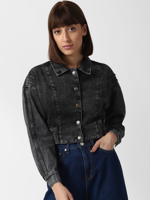 

FOREVER 21 Women Black Washed Crop Tailored Jacket