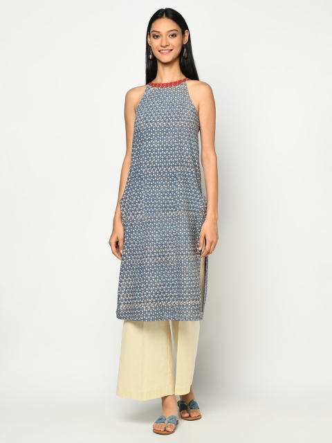 

Fabindia Blue & Off White Halter Neck Printed Tunic