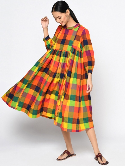 

Fabindia Women Yellow & Pink Checked Peter Pan Collar Cotton Shirt Midi Dress