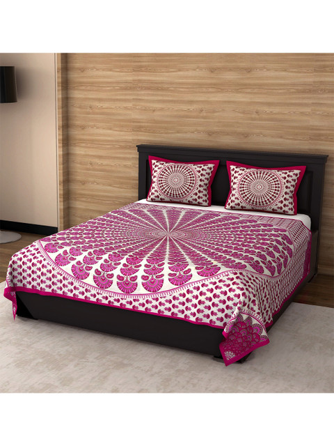 

Varde White & Pink Floral 104 TC Pure Cotton Queen Bedsheet with 2 Pillow Covers
