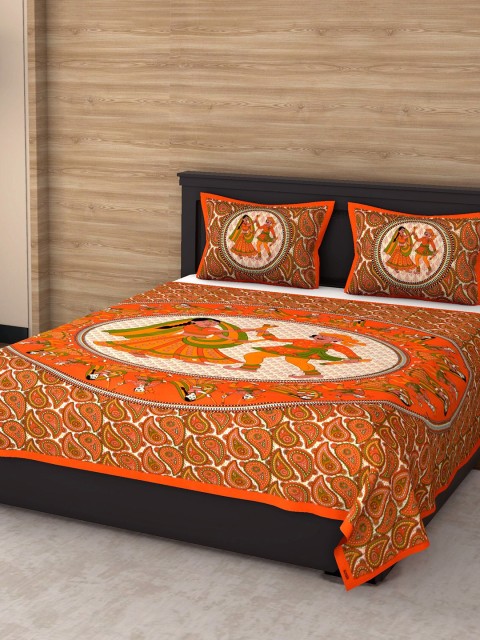 

Varde Orange & Cream Ethnic Motifs 104 TC Pure Cotton Queen Bedsheet with 2 Pillow Covers