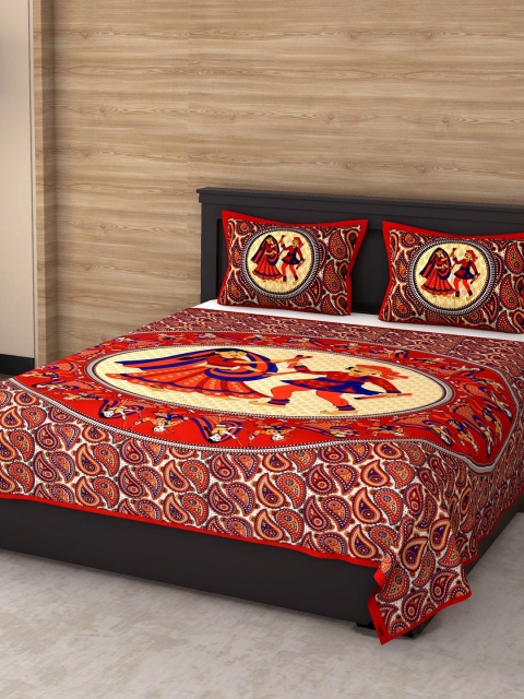 

Varde Red & Off White Ethnic Motifs 104 TC Pure Cotton Queen Bedsheet with 2 Pillow Covers