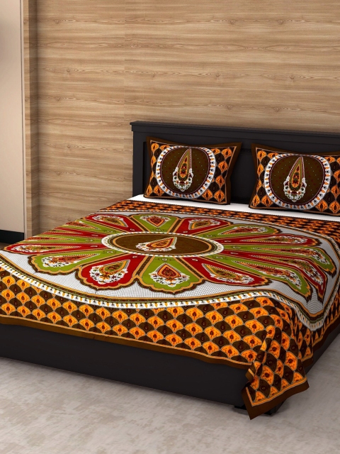 

Varde Orange & Green Floral 104 TC Pure Cotton Queen Bedsheet with 2 Pillow Covers