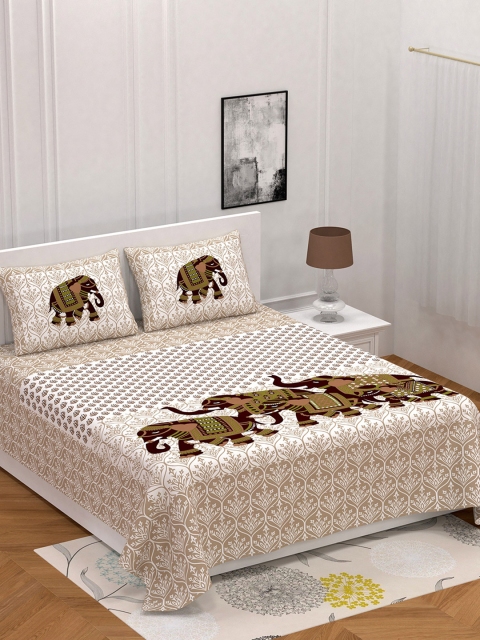 

Varde White & Beige Ethnic Motifs 104 TC Queen Bedsheet with 2 Pillow Covers