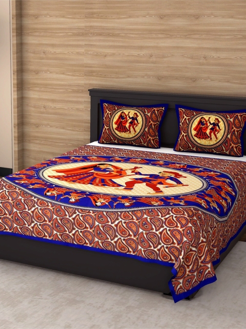 

Varde Navy Blue & Orange Ethnic Motifs 104 TC Queen Bedsheet with 2 Pillow Covers