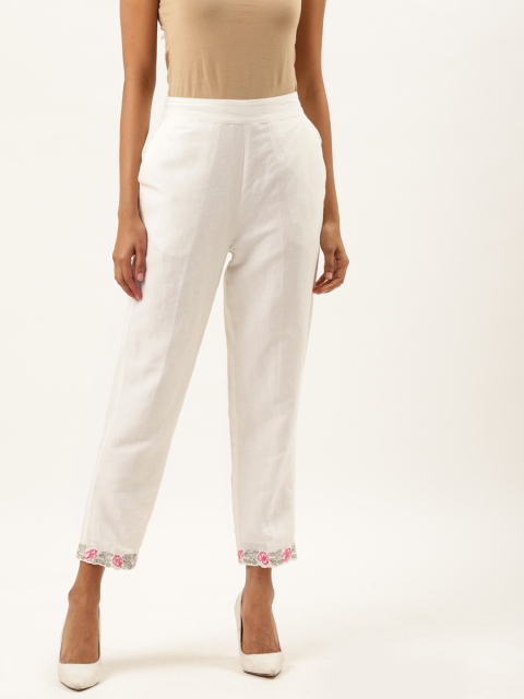 

Ancestry Women White Linen Cotton Solid High-Rise Cigerette Trousers