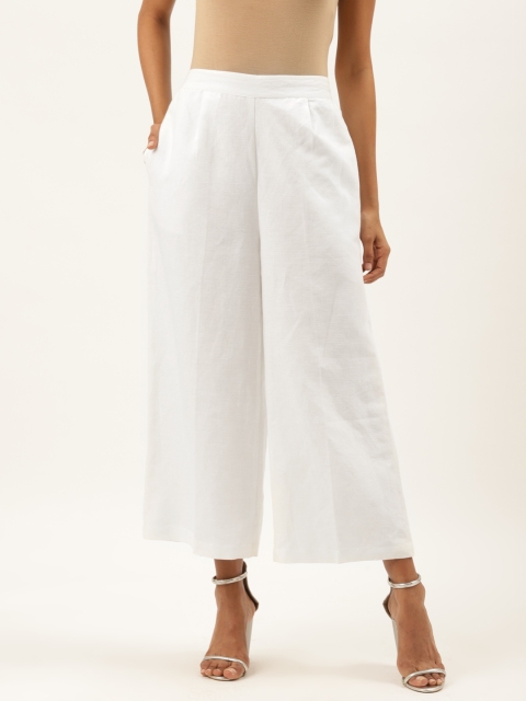 

Ancestry Women White Linen Cotton Solid High-Rise Parallel Trousers