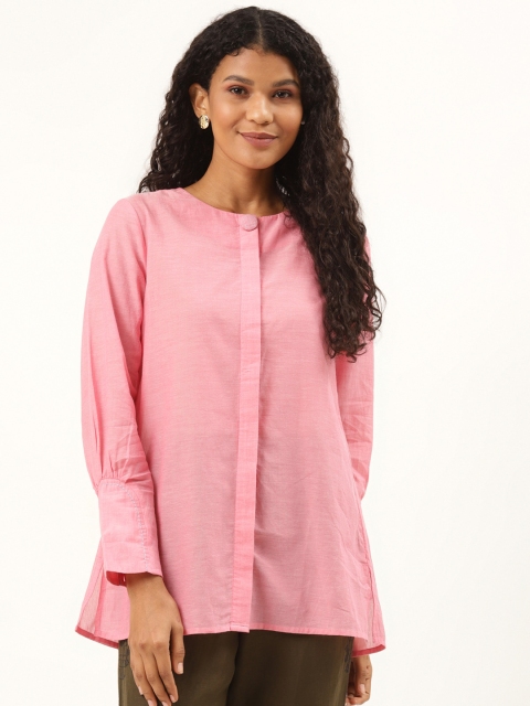

Ancestry Pink Pure Cotton Solid Mandarin Collar A-Line Top