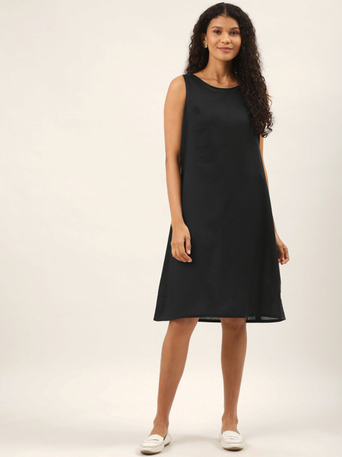 

Ancestry Black Pure Cotton Solid A-Line Dress