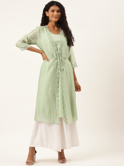 

Ancestry Women Green Lightweight Longline Open Front Jacket with Embroidered