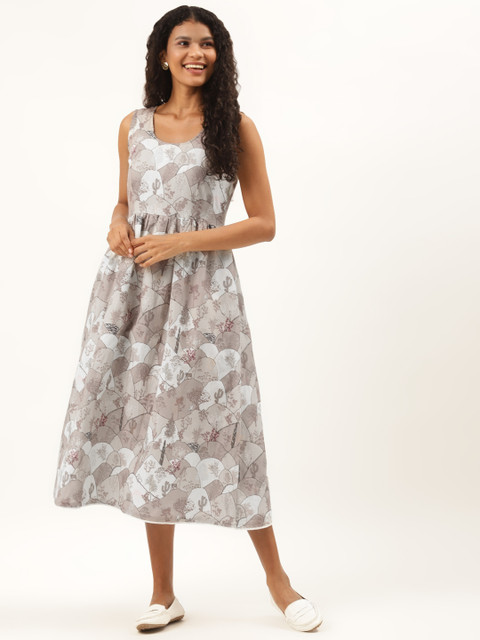 

Ancestry Grey & White Floral Print Cotton Linen A-Line Dress