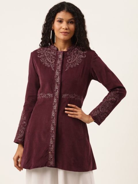 

Ancestry Women Maroon Velvet Finish Embroidered Longline Ethnic Jacket