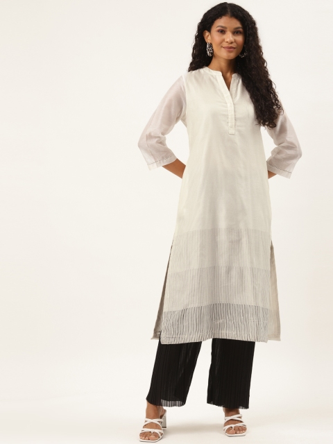 

Ancestry Women Off White & Grey Striped Detail Kurta