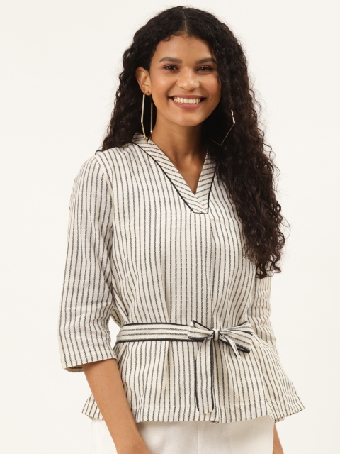 

Ancestry Off White & Charcoal Grey Pure Cotton Striped A-Line Top