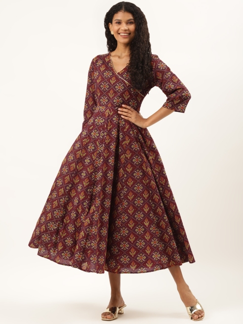 

Ancestry Burgundy & Green Pure Cotton Ethnic Motifs Ethnic Midi Wrap Dress