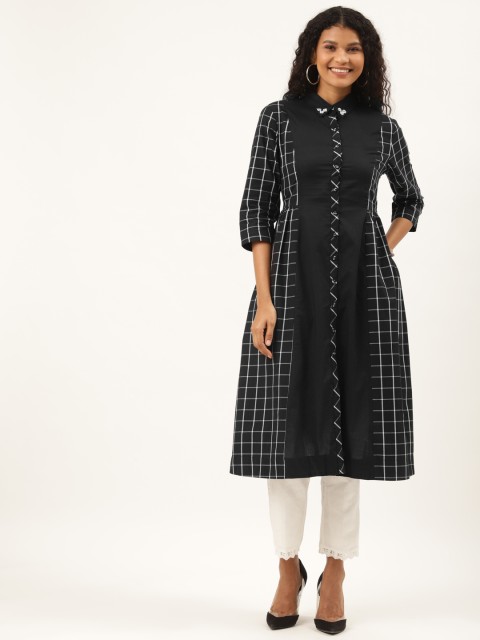 

Ancestry Women Black & White Pure Cotton Checked Kurta