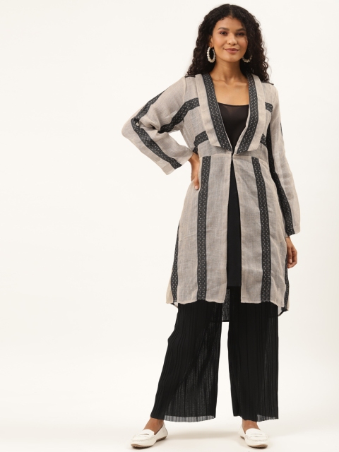 

Ancestry Women Taupe & Black Striped A-Line Fusion Kurta with Inner