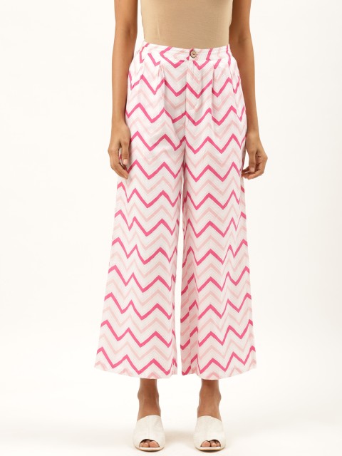 

Ancestry Women Off White & Pink Pure Cotton Chevron High-Rise Pleated Trousers
