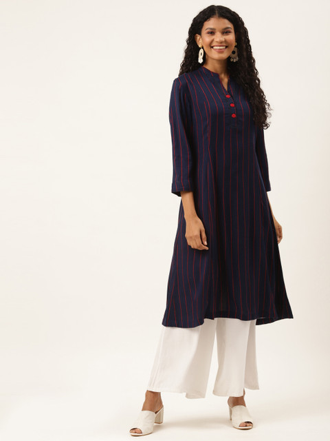 

Ancestry Women Navy Blue & Red Pure Cotton Striped Kurta